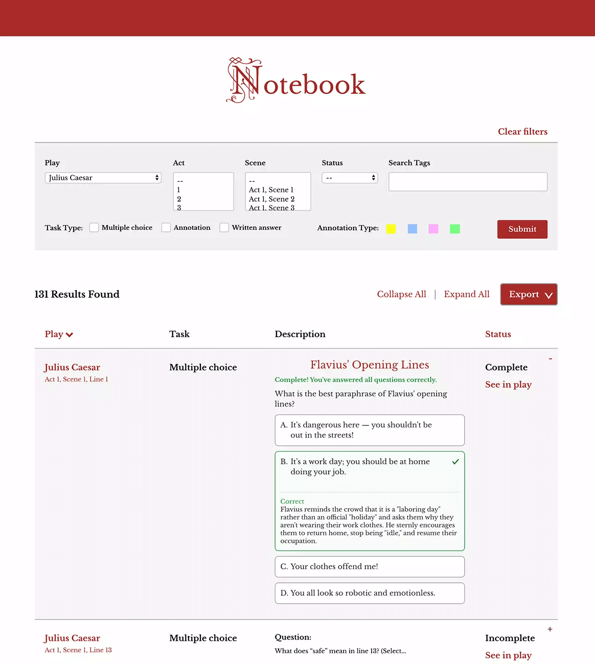 Screenshot of myShakespeare Notebook feature.